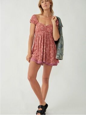 Free People Women's "Tabitha" Mini Babydoll Dress in Pink Floral Print